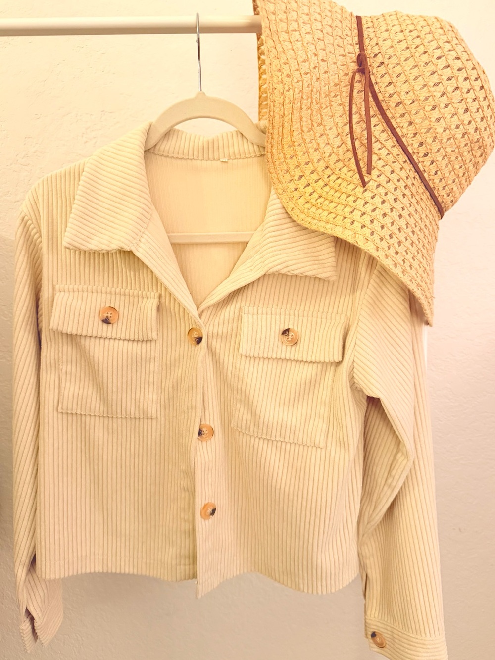 Cream Corduroy Button-Front Shirt Jacket